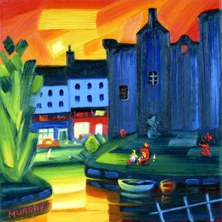 A vibrant painting of a stylized village scene with buildings, a boat on a river, and figures under an orange and blue sky. By Raymond Murray